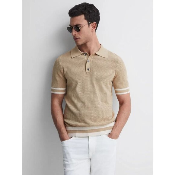 REISS x CHÉ Quinn Tan 100% Cotton Pointelle Knit Short Sleeve Polo Shirt, Size S - Picture 1 of 16